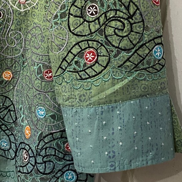 VTG Pong Poco Ltd Sz XL Green Blouse Shirt Button Up 3/4 Sleeve Embroidered - Picture 4 of 13